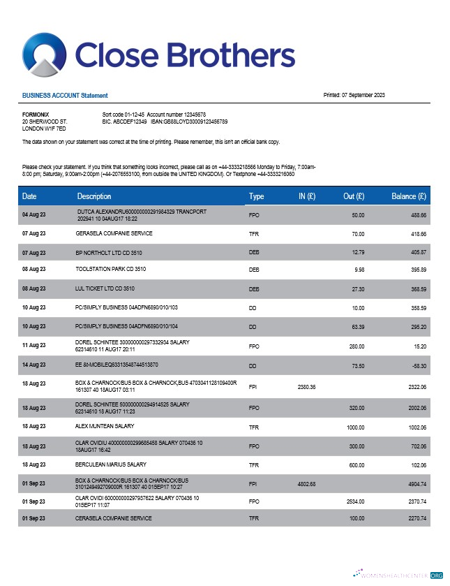 Close Brothers Bank Group company checking account statement Word and PDF template